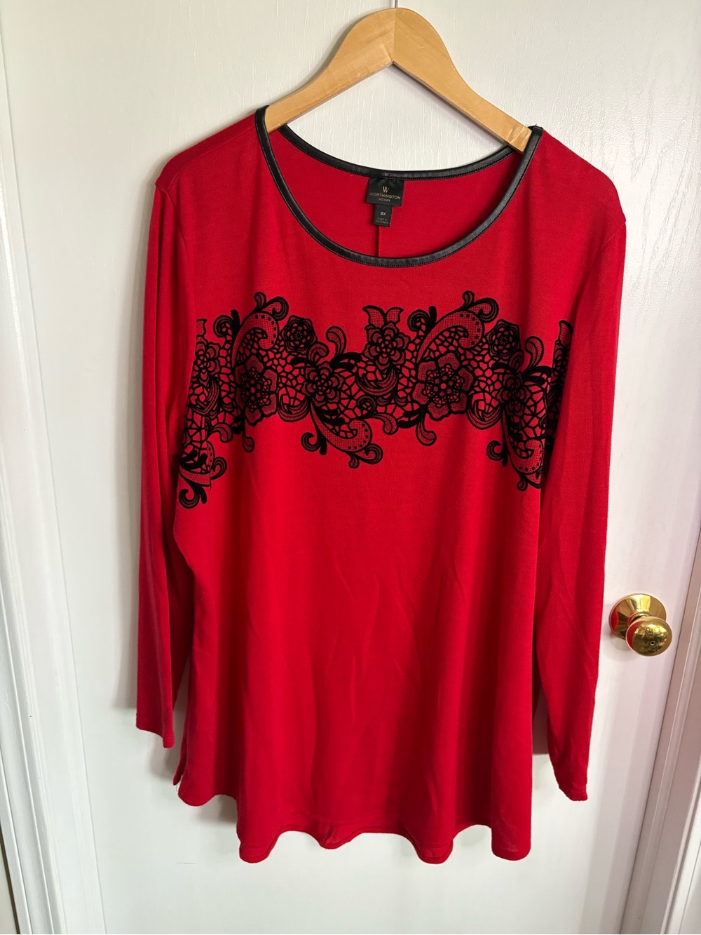 Worthington Red Scoop Neck Long Sleeve Top with Black Lace Band